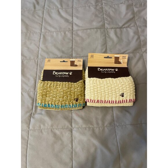 Bearpaw Womens Knit Boot Cuffs Set Of 2 Beige & Yellow With Pink & Blue Trim One - Picture 1 of 2
